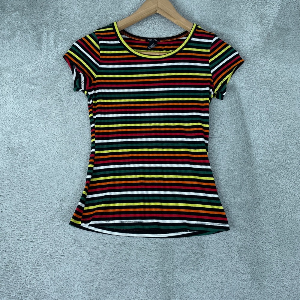 Rue21 Striped Shirt Womens Small Multicolor Y2K Ribbed Knit Slim Fit Stretch